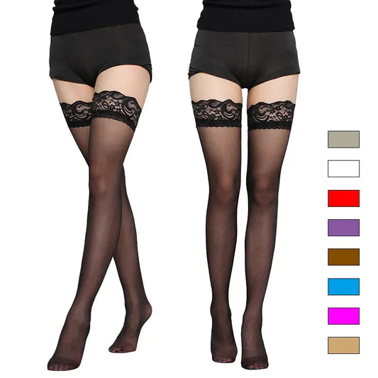 Women Stockings 9 Colors Thigh High Tights Sexy Floral Lace Patchwork Socks Transparent Silk Stocking with Lace Socks Woman